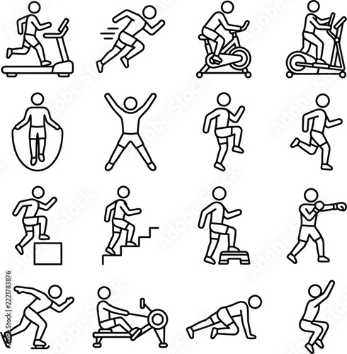 New year fitness icons set showing people exercising and training for