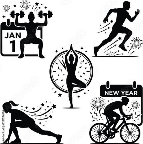 New year fitness vector set with people exercising and celebrating