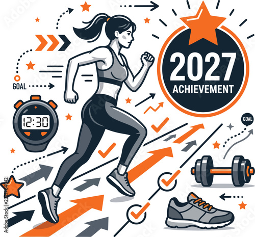 2027 new year fitness resolution concept with running woman and