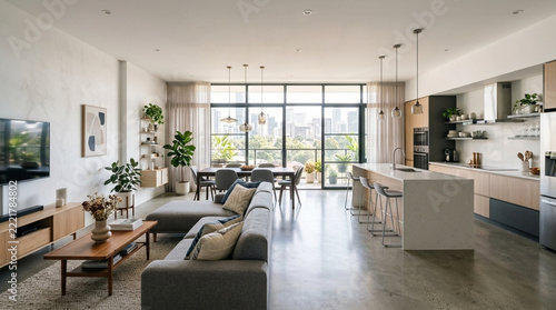 Modern open plan living space with kitchen dining and lounge area large windows with city view