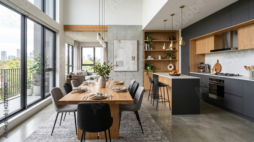 Modern open plan dining room and kitchen with high ceilings and large windows