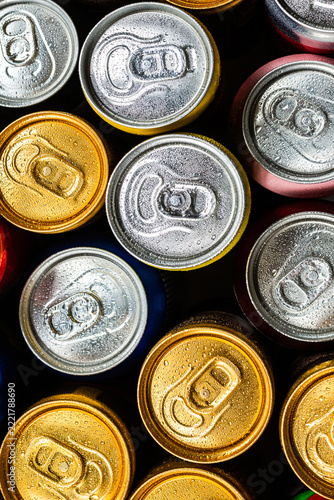 Group of aluminium cans, cold drink. Top view.