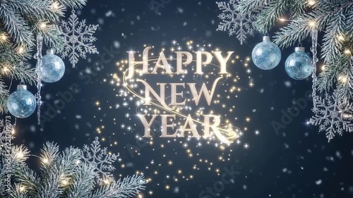 Winter Seasonal Scene Featuring Sparkling Happy New Year Message in Snowy Branches