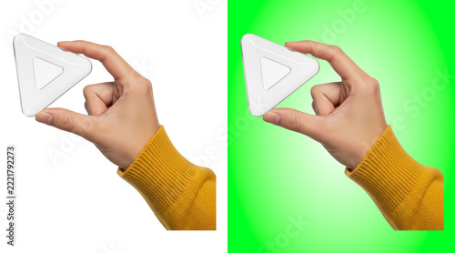 Human hand holding a white plastic play button icon isolated on a transparent background