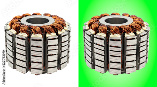 Industrial electric motor stator with copper wire windings on a bright green background view