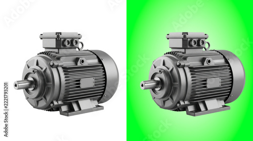 Industrial electric motor with a metallic casing isolated on a plain white background view