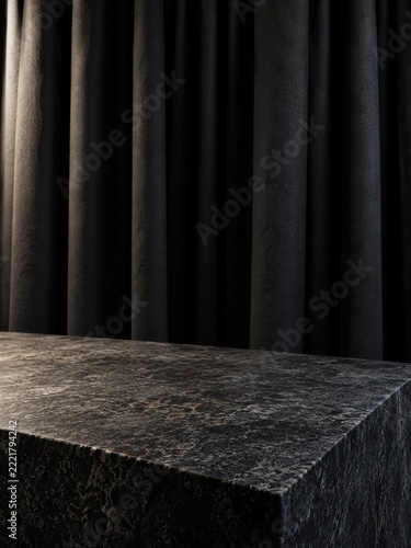 Dark Textured Display Table before Heavy Black Curtains with Side Lighting