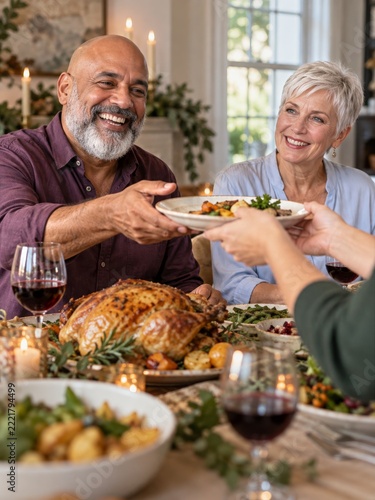 Laughing Man Receiving a Plate beside a Smiling Woman at a Festive Dinner