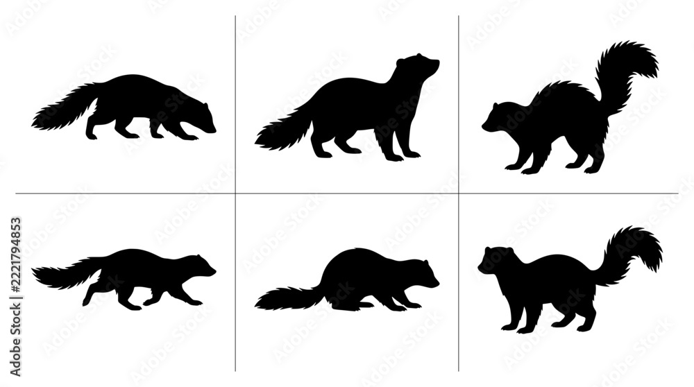 Fototapeta premium Striped polecat silhouettes set with figures walking and standing for wildlife design