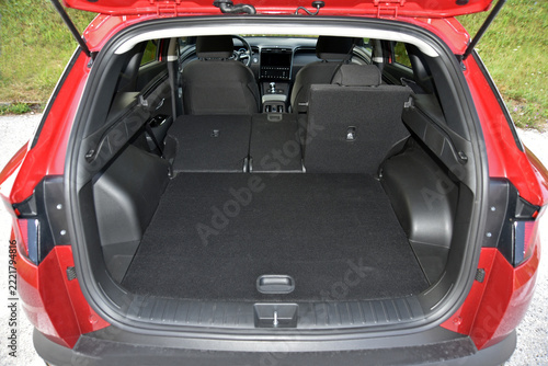 The trunk of a passenger car with the back seat folded down