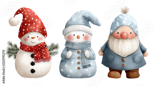 Watercolor illustration depicting an adorable group of snowmen, a rabbit, a penguin, and a gnome wearing cozy winter attire, ready for holiday festivities