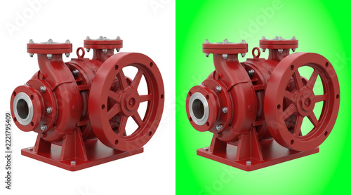 Industrial red centrifugal water pump with metal flanges isolated on a bright green background