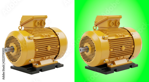 Industrial yellow electric motor with metal housing isolated on a white background view