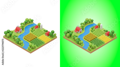 Isometric 3D farm landscape with green fields, red barns, trees, and a winding blue river