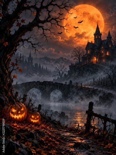 Haunted Gothic Castle and Glowing Pumpkins Beneath an Orange Full Moon