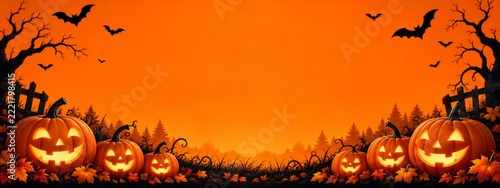 Orange Halloween Banner with Smiling Pumpkins Bats and Wide Copy Space
