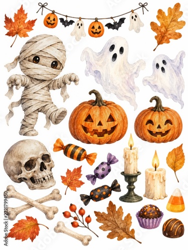 Watercolor Halloween Elements with Mummy Ghosts Pumpkins and Autumn Leaves