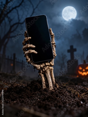 Skeletal Hand Holding a Blank Smartphone above Soil on Halloween Night