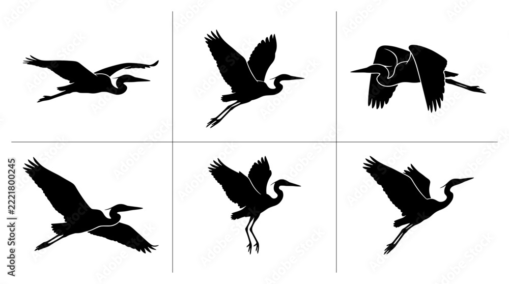 Fototapeta premium Heron silhouettes set with birds in flight, wildlife and nature for logos and signage
