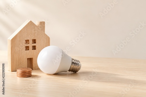 LED Light Bulb with Wooden House and Coins for Home Energy Savings