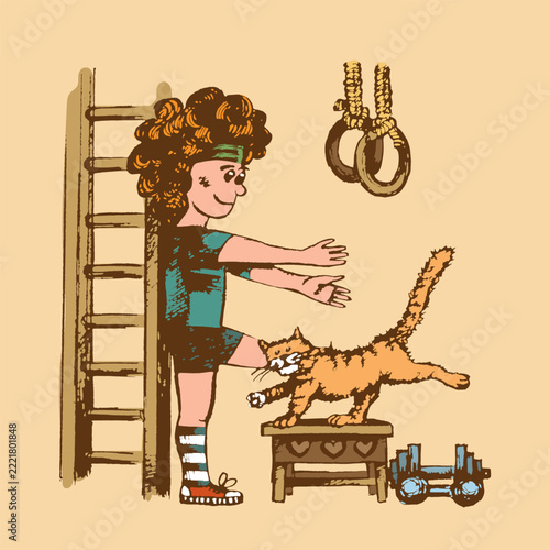 Boy doing physical exercise with his cat. Colorful sketch. Vector illustration