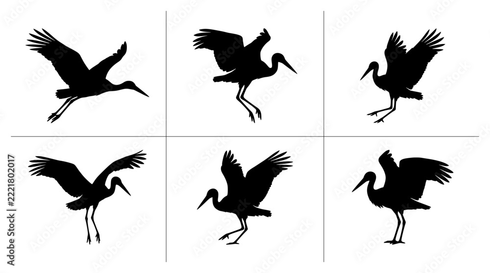 Fototapeta premium White stork silhouettes set with flying and landing poses for nature logos and prints