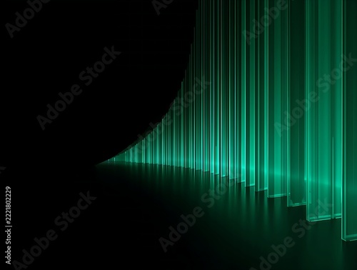 Curved array of glowing green glass panels receding into dark background, abstract futuristic architecture