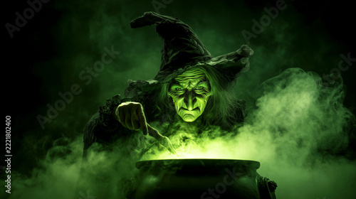 Creepy witch with long nose and hat mixing bubbling green potion in cauldron. Halloween fantasy, Dark magic, Witchcraft ritual
