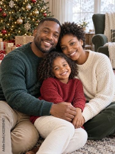 Smiling Parents Cuddling Their Child beside a Christmas Tree