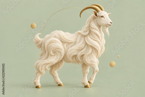 Goat with long curly fur and golden horns isolated on a soft green background, featuring abstract gold circles and minimalist design elements.