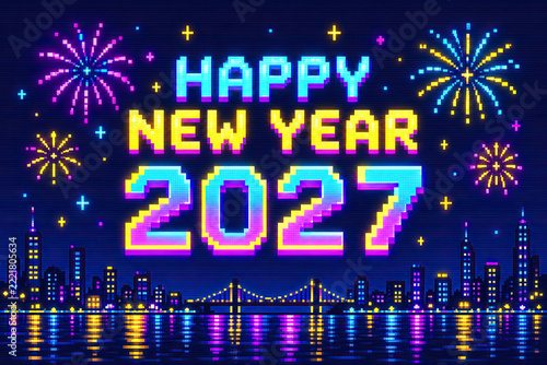 City skyline at night with fireworks and Happy New Year 2027 text in a retro digital pixel art style with vibrant glowing neon colors.