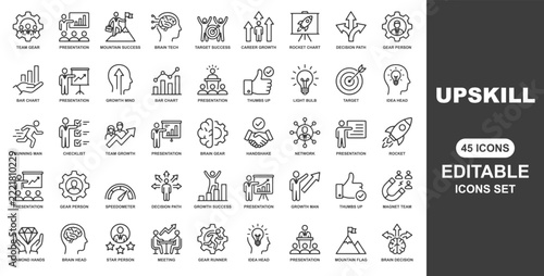Upskill web icons in line style. Reskill, progress, strategy, skill, collection. Vector illustration.