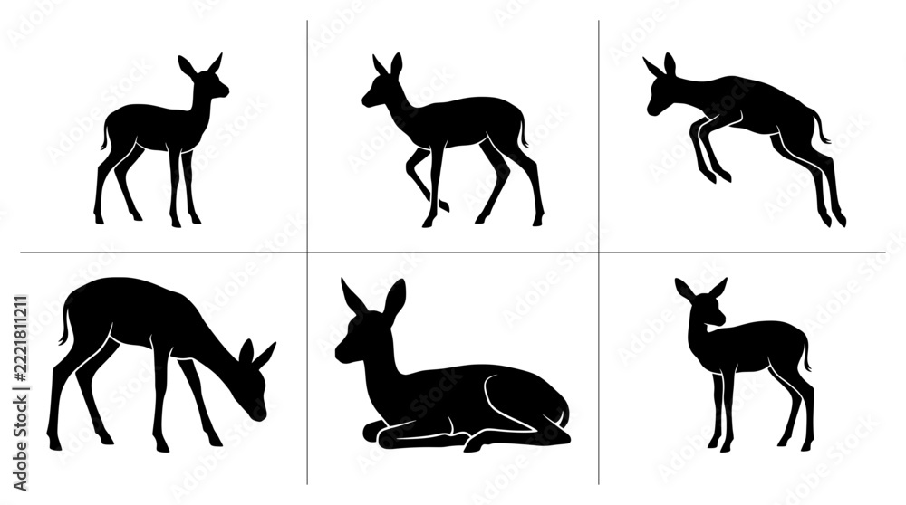 Obraz premium Springbok fawn silhouettes set with standing, walking, jumping, grazing and resting poses for wildlife design