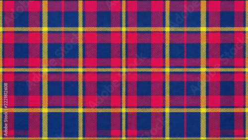 Bright vibrant colorful Scottish tartan plaid textile pattern featuring blue pink and yellow intersecting stripes
