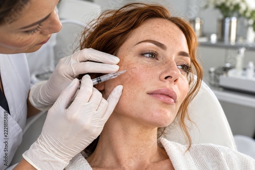 Freckled adult woman receiving a cheek filler injection in a bright beauty cl...