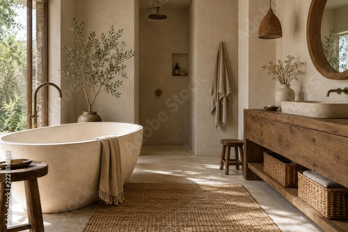Earthy bathroom with a stone bathtub and rustic oak vanity in warm natural light