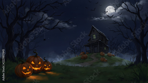 Halloween background with pumpkins and a haunted house. Spooky night forest. Holiday event Halloween banner background, created with generative ai