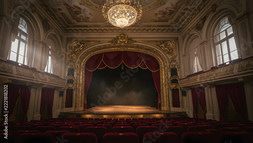 A majestic, high-ceilinged theater with ruby-red velvet curtains, sweep aside to reveal a grand, gilded proscenium arch, classy theater interior, created with generative ai