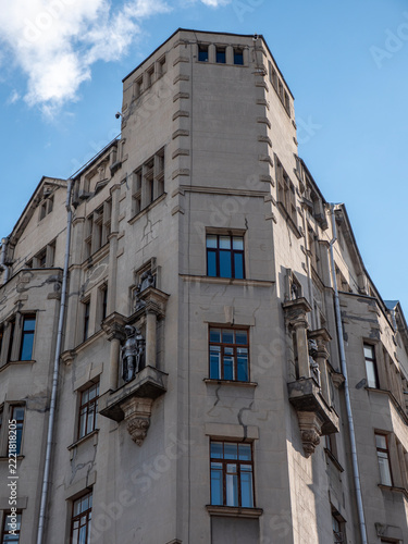10 August 2026 Moscow Russia Historic building with decorative knight figures on the facade of Old Arbat Street