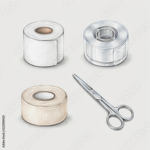 Illustration of different types of tape rolls with scissors on transparent background