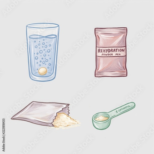 Illustration showing rehydration powder mix preparation with water and spoonful