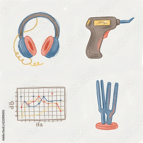 Illustration of sound measurement tools and tuning fork with decibel graph