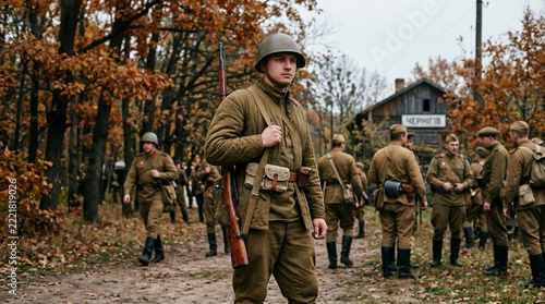 Soldier in uniform with rifle stands in autumn forest reenactment historical