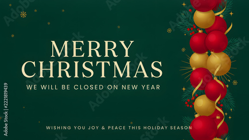 Merry Christmas celebration holiday, modern greeting card, postcard - we will be closed on new year with christmas baubles ornaments template header for web template created with generative ai