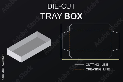 Die cut tray box layout template showing cutting lines and creasing indicators on dark background.