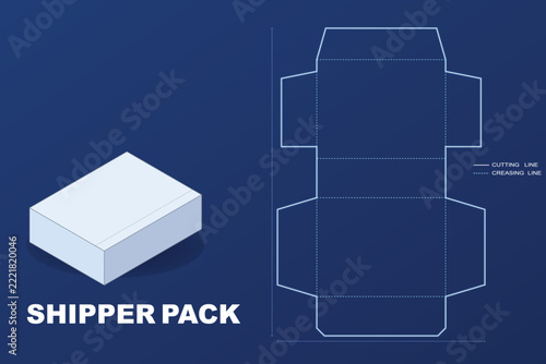 Shipper pack cardboard box dieline blueprint design with folding lines and assembly diagram.