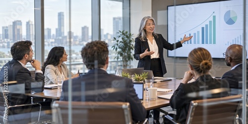 Executive Leader Presenting Financial Growth Charts behind Office Glass