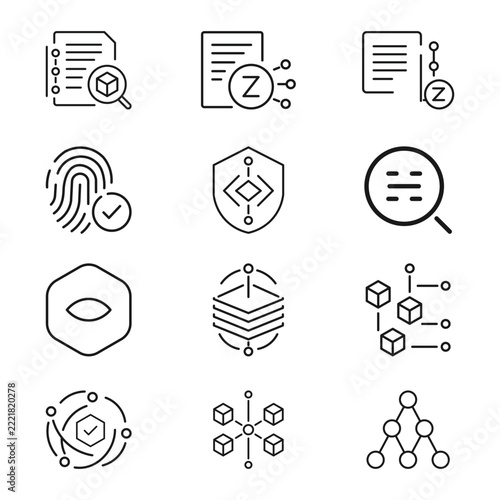 Premium Immutable Ledger Audit Trails And Advanced Zero Knowledge Proof Verification Line Vector Icon Set
