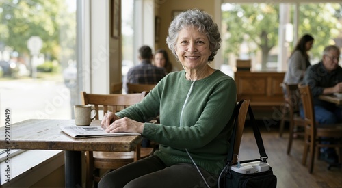 Senior woman using portable oxygen tubing while seated indoors. Portable oxygen support in daily life