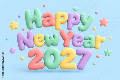Text design for New Year 2027 celebration featuring soft pastel colored bubble letters and decorative stars against a light blue background.